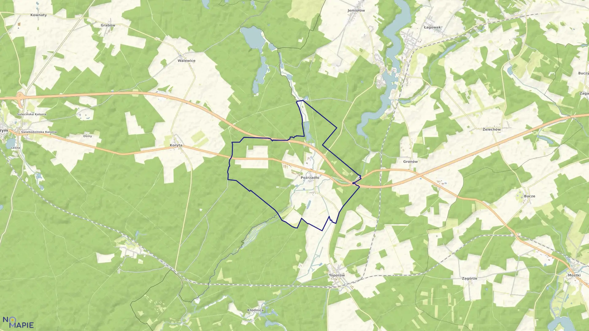 Mapa obrębu Poźrzadło w gminie Łagów