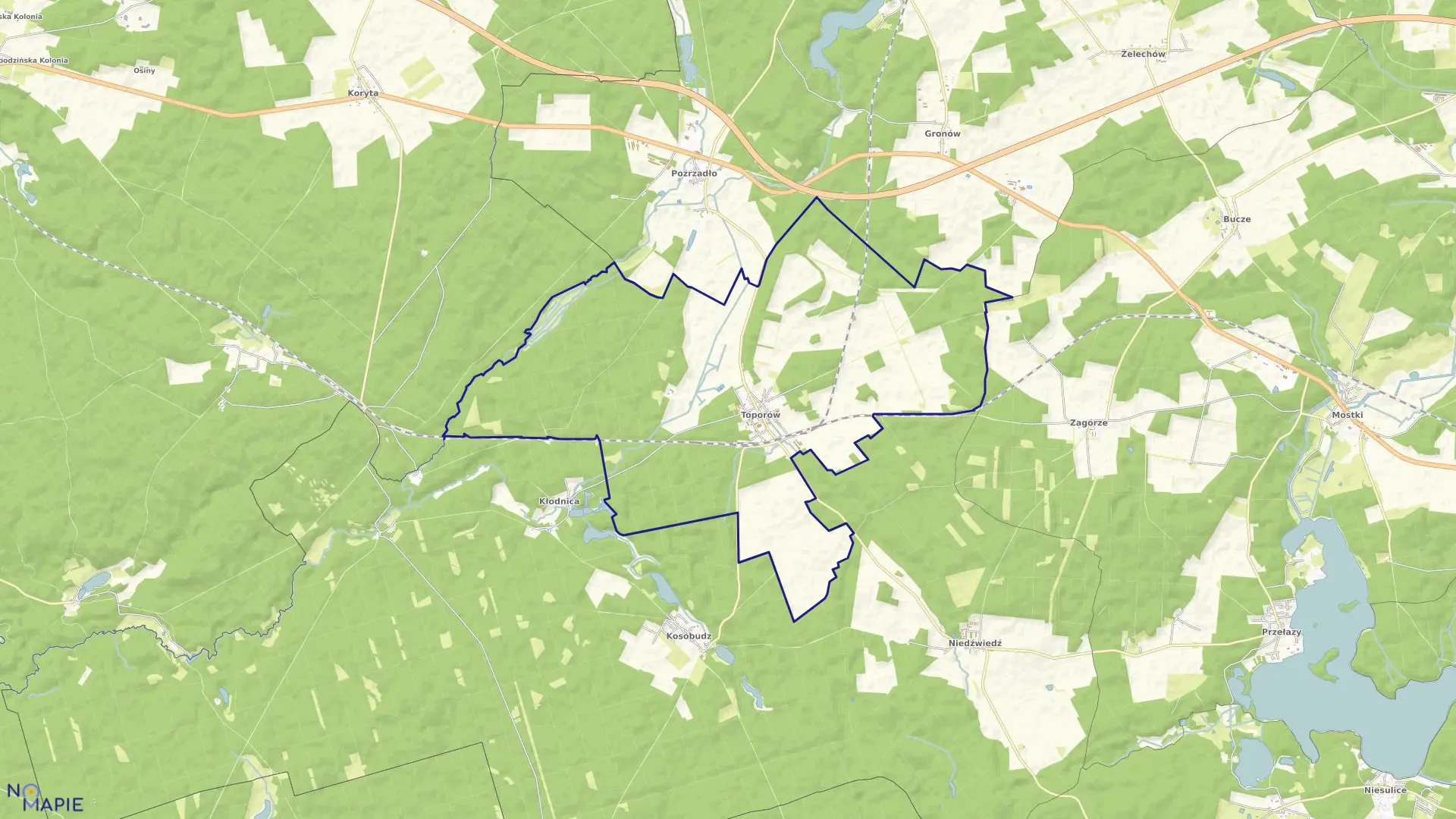 Mapa obrębu Toporów w gminie Łagów